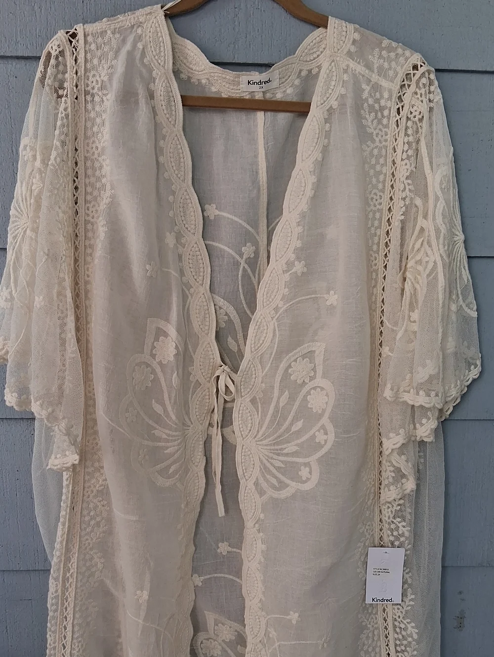 Cream Embroidered Sheer Tie Front Blouse NWT